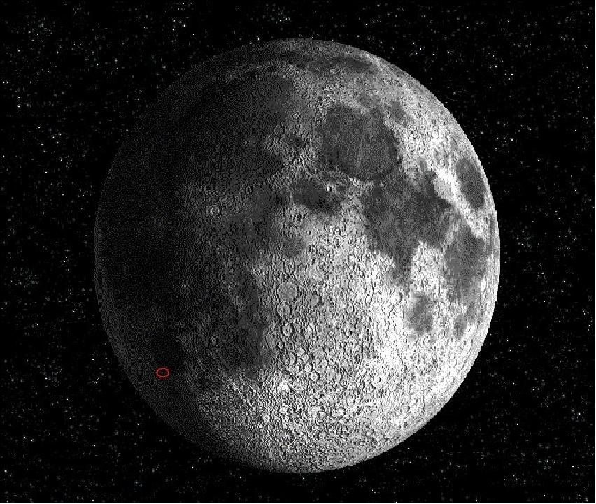 Figure 25: Moon as seen from SMART-1 with the location of the impact region (image credit: ESA-AOES Medialab)