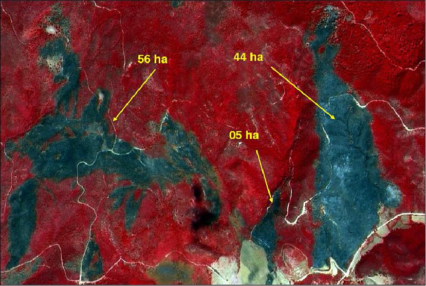 Figure 14: Identification and delimitation of burned zones acquired by AlSat-2A on September 6, 2014 in the Oued Soudane Forest (image credit: ASAL, W.Skikda)