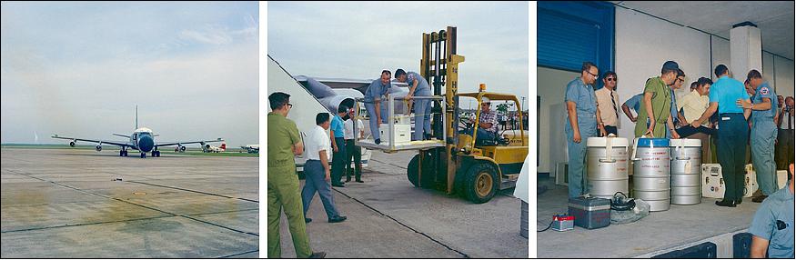 Figure 39: Left: ARIA aircraft arrives at Ellington AFB in Houston carrying the second shipment of materials from Apollo 11. Middle: Workers unload the second ALSRC from the aircraft at Ellington. Right: The second shipment of Apollo 11 materials at the LRL (image credit: NASA)