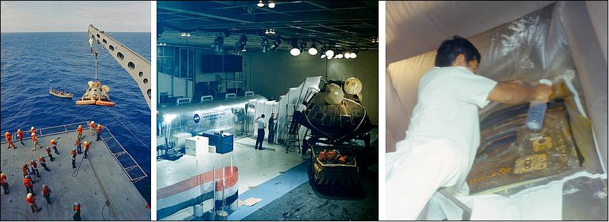 Figure 35: Left: Sailors hoist Columbia aboard Hornet. Middle: Below decks, workers erected a flexible tunnel between the MQF and Columbia. Right: Hirasaki sprays decontaminant on Columbia after retrieving the lunar samples (image credit: NASA)