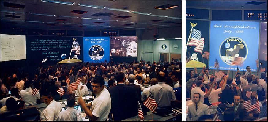 Figure 32: Two views of Mission Control after the safe recovery and delivery to Hornet of the Apollo 11 astronauts (image credit: NASA)