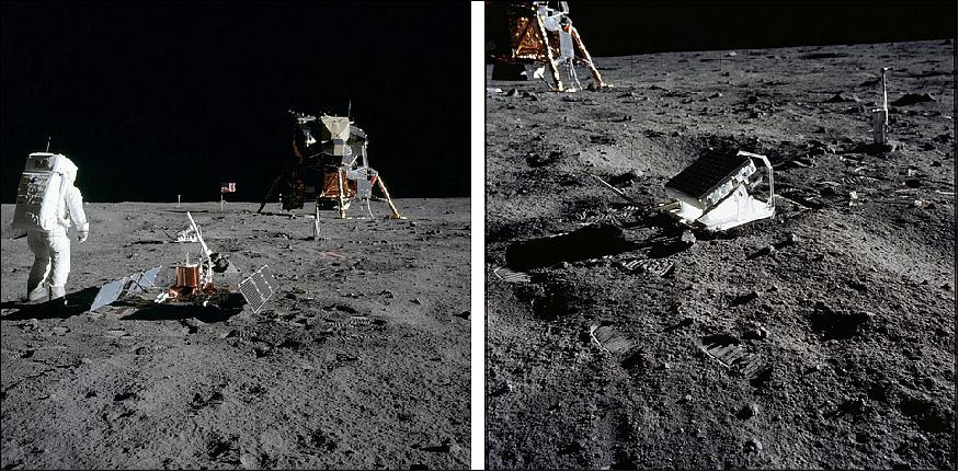 Figure 17: Left: Aldrin standing next to the seismometer. Right: The Laser Ranging Retro-Reflector (image credit: NASA)