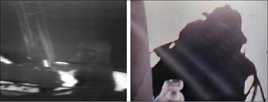 Figure 12: Two views of Armstrong taking the first step on the lunar surface. Left: Still image from the live TV downlink. Right: Still image from the 16-mm camera mounted in Eagle's window (image credit: NASA)