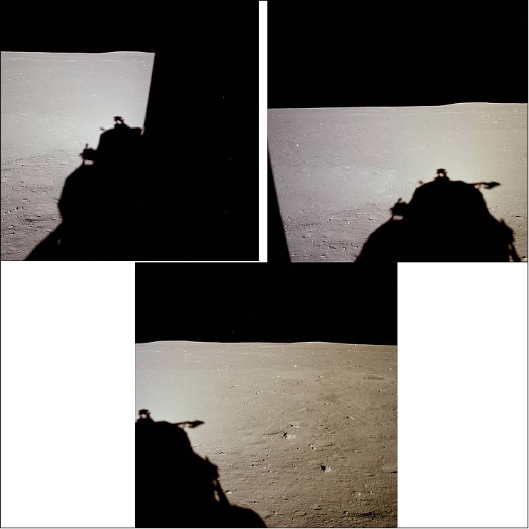 Figure 11: Three views of the lunar surface as Armstrong and Aldrin saw it shortly after landing, taken through Armstrong's left side LM window (left), and through Aldrin's right side window (middle and right), image credit: NASA