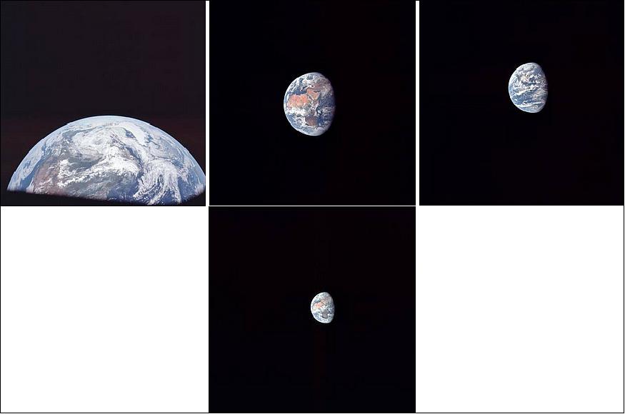Figure 6: Photographs taken from Apollo 11 showing the receding Earth (left to right) shortly after the transposition and docking maneuver; from 113,000 miles; from 144,300 miles; and from 234,800 miles (image credit: NASA)