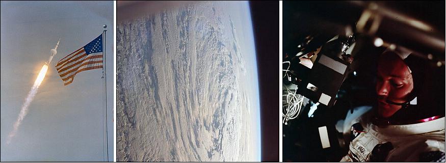 Figure 4: Left: A ring of condensation forms around the Saturn V rocket as it compresses the air around it during the launch of Apollo 11, framed with an American flag in the foreground. Middle: A view of a low pressure system taken during Apollo 11's first orbit around the Earth. Right: Collins inside the CM during its first orbit around the Earth (image credit: NASA)