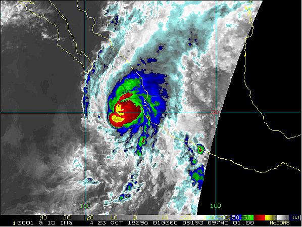 Figure 29: GOES 15 thermal image of Hurricane Willa 2018 Oct 23, 01:15 UT. Blue box outlines the approximate CUMULOS snapshot region (image credit: The Aerospace Corporation)