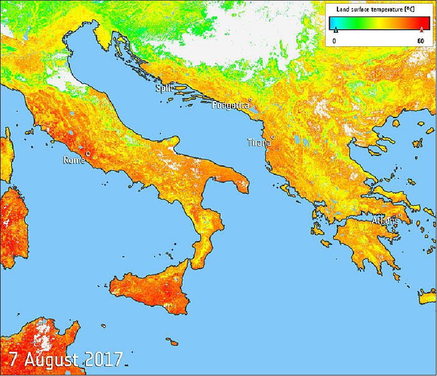 Figure 37: Southern Europe is in the grip of a heatwave, fuelling wildfires and water shortages. Information from the Copernicus Sentinel-3A satellite has been used to map the sweltering heat across the region (image credit: ESA, the image contains modified Copernicus Sentinel data (2017), processed by ESA, CC BY-SA 3.0 IGO)