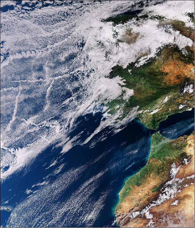 Figure 27: Sentinel-3A image of the Atlantic Ocean off the coast of Portugal and Spain, captured on 16 January 2018, showing ship track contrails in the clouds. Although the Strait of Gibraltar is a busy shipping lane, with numerous ships travelling in and out of the Mediterranean Sea, there are no ship tracks visible here in the image. Most tracks are several hundred of kilometers off shore (image credit: ESA, the image contains modified Copernicus Sentinel data (2018), processed by ESA, CC BY-SA 3.0 IGO)