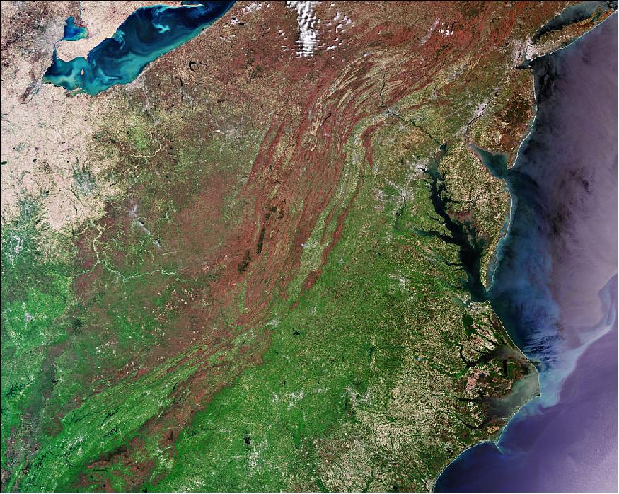 Figure 5: This true-color image from Sentinel-3's OLCI (Ocean and Land Color Instrument), captured on 1 May 2018, shows sediment being carried into the North Atlantic Ocean along the coast. Sediment and potentially algae can also be seen in Lake Erie in the top left. This lake is the fourth-largest of the five Great Lakes of North America. It has a surface area of over 25,000 km2. Around five million tons of a type of rock salt called halite is mined from beneath the lake every year. The state of Ohio is also known for its fertile soil, coal, and natural gas reserves (image credit: ESA, the image contains modified Copernicus Sentinel data (2018), processed by ESA, CC BY-SA 3.0 IGO)