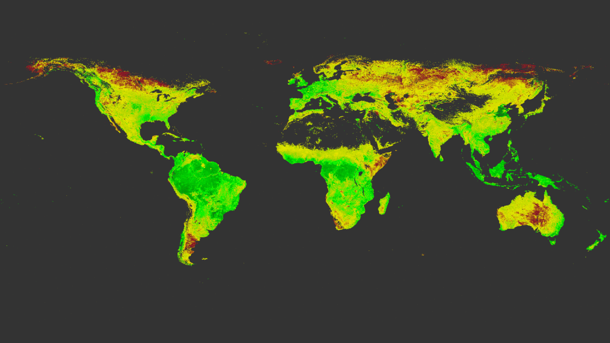 Figure 38: The Copernicus Sentinel-3A's ocean and land color instrument can ‘see' chlorophyll in vegetation. The animation shows how chlorophyll, which is essential in photosynthesis, around the world changed between 1 April and 27 May 2017. While tropical rainforests can be seen to maintain a high degree of chlorophyll, the animation clearly shows the progress of spring greening in the northern hemisphere. This is particularly evident in the eastern part of the USA. It also captures the progress of agricultural planting for summer crops across China where planting normally takes place between March and May. Here various stages of growth are captured. The chlorophyll index ranges from 1 to 6.5 (image credit: ESA, the image contains modified Copernicus Sentinel data (2017), processed by University of Southampton–J. Dash/Brockman Consult (S3-MPC))