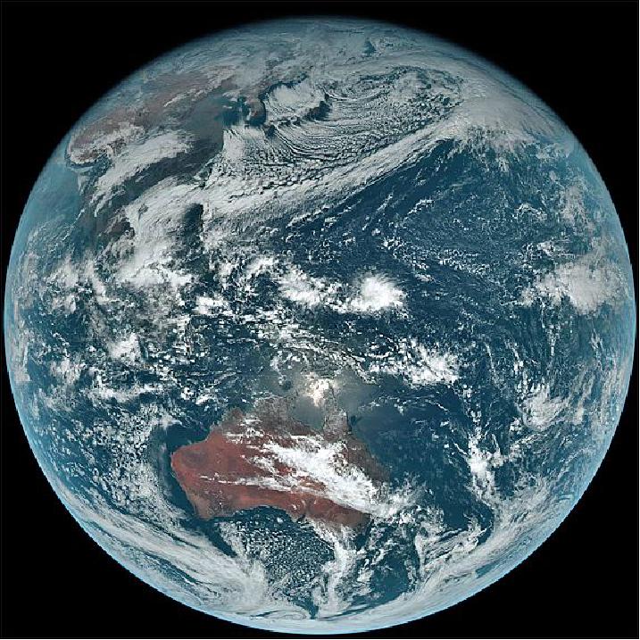 Figure 16: True color composite image of AHI captured on Dec. 18, 2014 showing a sunlit and cloud-covered Japan, Pacific Ocean and Australia (image credit: JMA)