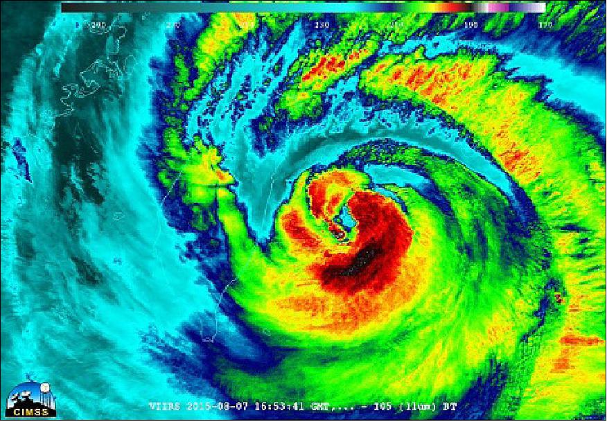 Figure 78: VIIRS image of Typhoon Soudelor, acquired on August 7 (UTC), 2015 when it was headed toward Taiwan (image credit: UWM/CIMSS/SSEC, William Straka III)