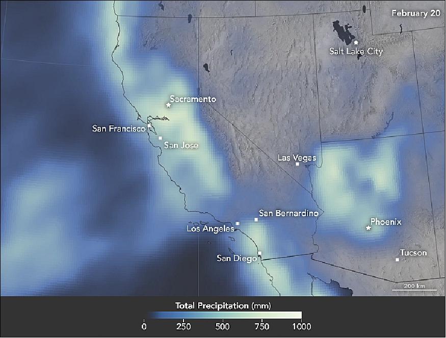 Figure 63: Precipitation accumulated over the western states in 2017. The data come from IMERG (Integrated Multi-Satellite Retrievals for GPM), a product of the Global Precipitation Measurement mission (image credit: NASA Earth Observatory, images by Jesse Allen and Joshua Stevens using IMERG data of GPM)