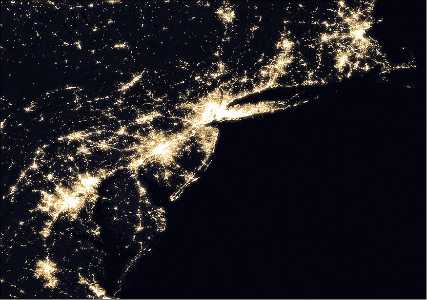 Figure 61: Composite image of Mid-Atlantic and Northeastern U.S. (Boston-Washington corridor) at night, 2016 (image credit: NASA Earth Observatory images by Joshua Stevens, using Suomi NPP VIIRS data from Miguel Román, NASA/GSFC)
