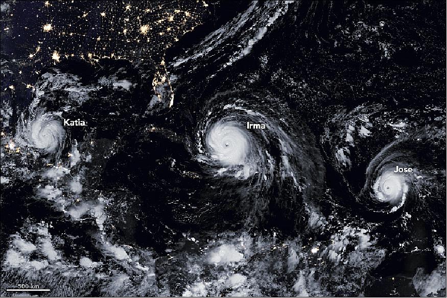 Figure 49: Suomi NPP image of Hurricanes Katia, Irma and Jose, captured on September 8, 2017 (image credit: NASA Earth Observatory,images by Joshua Stevens and Jesse Allen, using VIIRS day-night band data from the Suomi NPP, story by Adam Voiland)