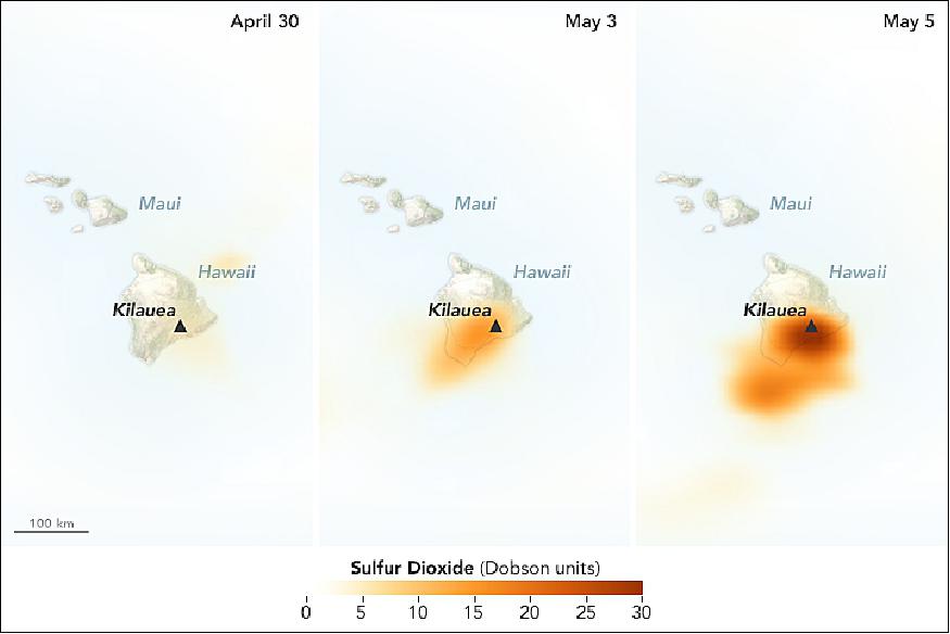 Figure 26: The growth of SO2 emissions during the volcanic activity on Kilauea, acquired with OMPS in the period April 30 - May 5, 2018 (NASA Earth Observatory images by Joshua Stevens, using OMPS data from the Goddard Earth Sciences Data and Information Services Center (GES DISC). Story by Adam Voiland, with information from Simon Carn (Michigan Tech), Nickolay Krotkov (NASA Goddard Space Flight Center), Ashley Davies (NASA Jet Propulsion Laboratory), Janine Krippner (Concord University), and Jean-Paul Vernier (NASA Langley Research Center).