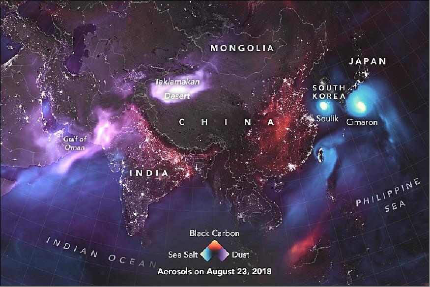 Figure 12: The GEOS FP model for aerosols of the Asia region on 23 August 2018 (image credit: NASA Earth Observatory, image by Joshua Stevens, using GEOS data from the Global Modeling and Assimilation Office at NASA GSFC. Story by Adam Voiland)