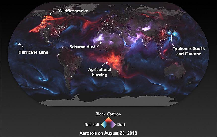 Figure 11: The aerosol in this visualization is not a direct representation of satellite data. The GEOS FP model, like all weather and climate models, used mathematical equations that represent physical processes to calculate what was happening in the atmosphere on August 23. Measurements of physical properties, like temperature, moisture, aerosols, and winds, are routinely folded into the model to better simulate real-world conditions (image credit: NASA Earth Observatory, image by Joshua Stevens, using GEOS data from the Global Modeling and Assimilation Office at NASA GSFC. Story by Adam Voiland)