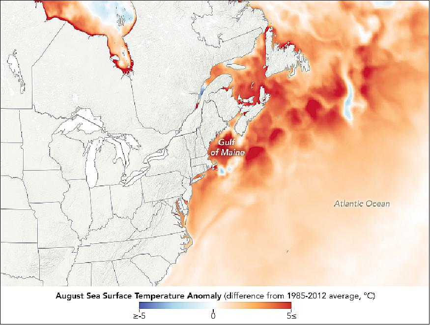 Figure 9: This map as well as Figure 10 show sea surface temperature anomalies as compiled by NOAA's Coral Reef Watch, which blend observations from the Suomi NPP, MTSAT, Meteosat, and GOES satellites and from computer models. Shades of red and blue indicate how much water temperatures were above or below the long-term average for the region. This map shows conditions on August 8, the near-record setting day, while the map below shows conditions across the entire month of August 2018 (image credit: NASA Earth Observatory, images by Lauren Dauphin, and sea surface temperature data from Coral Reef Watch. Story by Michael Carlowicz)
