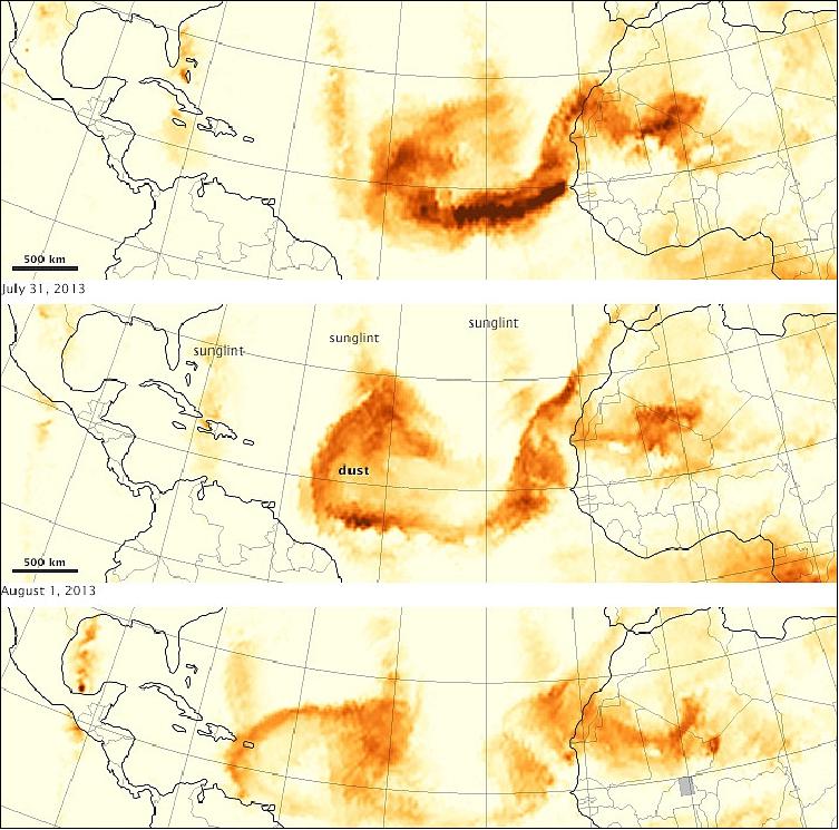 Figure 88: The 3 images show the Saharan dust storm of the OMPS instrument acquired on July 21 to August 2, 2013 (image credit: NASA)