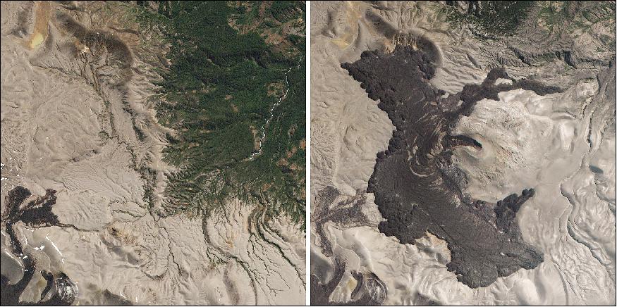 Figure 17: From June 2011 to April 2012, Puyehue-Cordón Caulle covered 16 km2 of the Andes in a lava flow about 30 meters thick. These RapidEye images show the area shortly before the eruption—on March 24, 2011 and eight years later on March 10, 2019 (image credit: 2011 and 2019, Planet Labs Inc. All Rights Reserved)