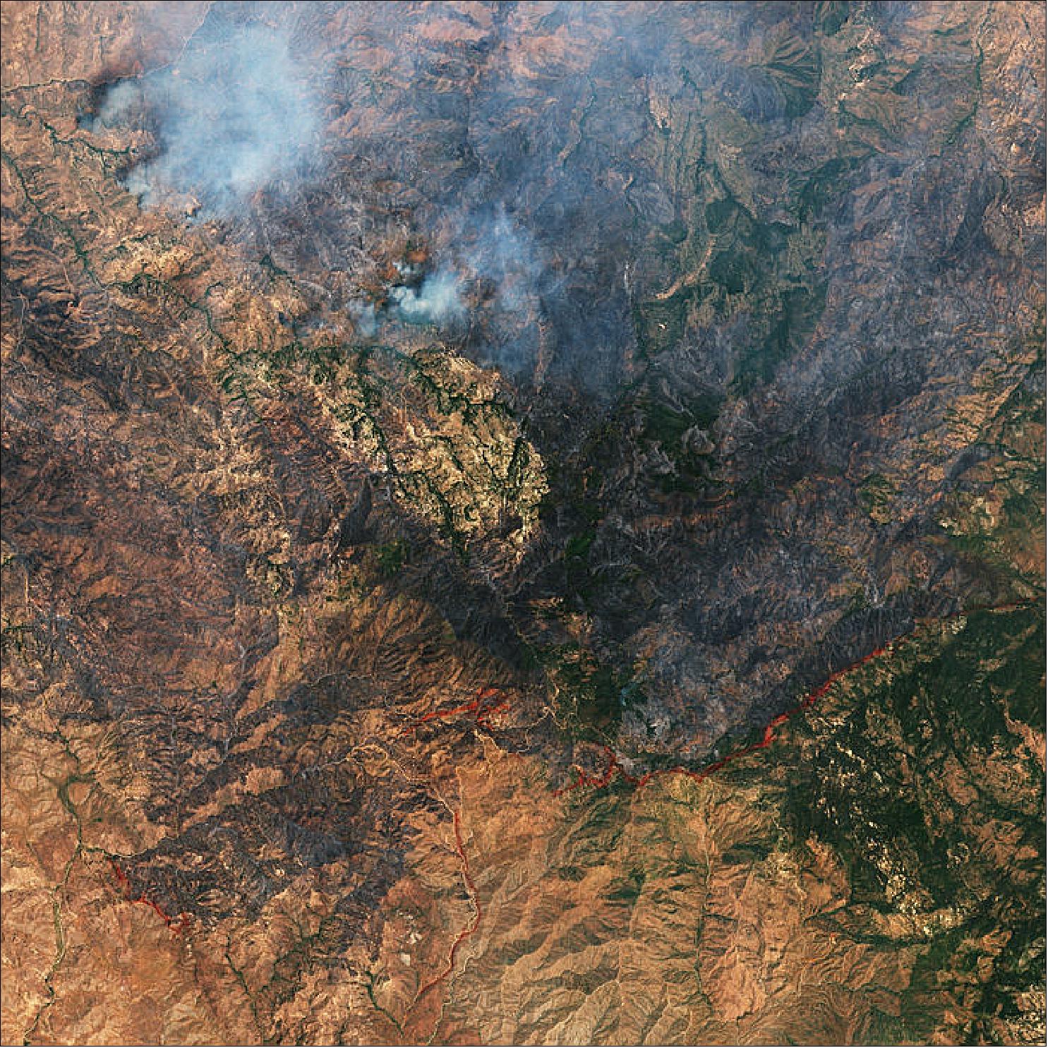 Figure 25: This Copernicus Sentinel-2 image from 24 June not only captures the extent of the Woodbury fire and burn scars in Arizona, but also the red lines of the retardant (image credit: ESA, the image contains modified Copernicus Sentinel data (2019), processed by ESA, CC BY-SA 3.0 IGO)