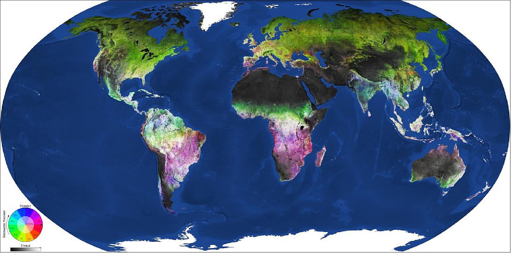 Figure 44: Data from the Copernicus Sentinel-2 mission has been used to generate a new high-resolution map of vegetation across Earth’s entire landmass. The new map depicts global vegetation dynamics and gives insight into land productivity. The time of vegetation peak i.e. the month at which greenness maximum occurs is shown in red (spring) and green (summer) to blue tones (autumn and winter.) The variability of vegetation greenness is represented by light tones in low amplitude areas such as managed grasslands, while high amplitudes are represented by saturated color tones. Areas with low biomass such as urban areas and open bodies of water are shown in black, while areas with higher biomass appear in grey and white tones (image credit: ESA, the image contains modified Copernicus Sentinel data (2016–18), processed by GeoVille)