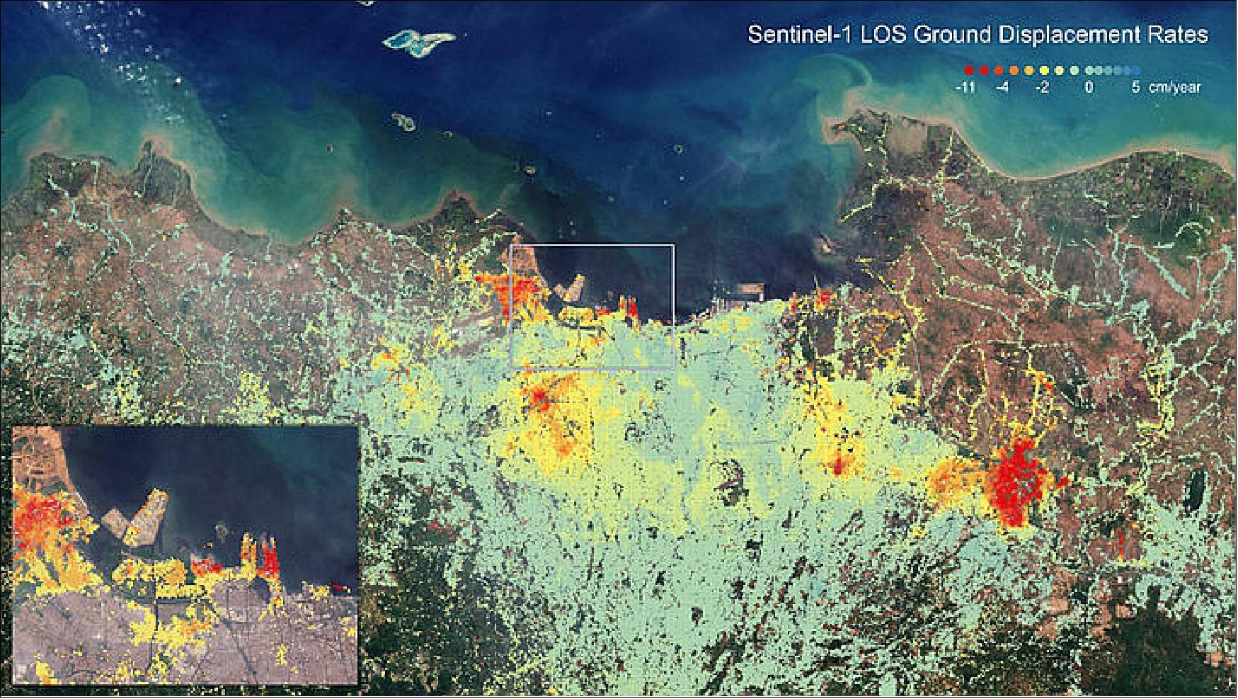 Figure 18: Following the earthquake and tsunami that hit the Indonesian island of Sulawesi in September 2018, ESA and the Asian Development Bank have been helping the authorities better understand the hazards associated with seismic activity, flooding and landslides through the use of satellite data. The project included a week-long training course in Jakarta, which explored services from ESA’s Geohazards Exploitation Platform. Ground displacement rate maps of Jakarta that use information from the Copernicus Sentinel-1 mission, as shown here, were used in the course. In this case displacement is largely a result of groundwater extraction. Values correspond to line-of-sight velocities. Local displacement patterns reach about 12 cm/year. The inset zooms-in over Jakarta’s harbor and is overlaid by displacement rates higher than 1.5 cm/year (image credit: ESA, the image contains modified Copernicus Sentinel data (2019), processed by ESA, GEP, CNR-IREA & BRGM)
