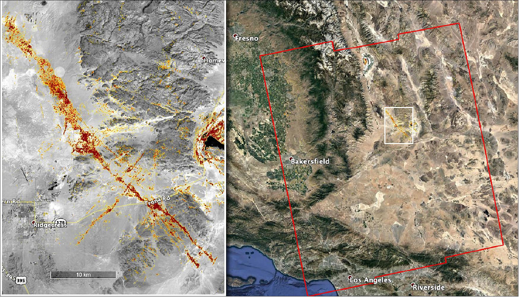 Figure 15: NASA's ARIA team produced this map of earthquake damage in Southern California from the recent temblors in July 2019. The color variation from yellow to red indicates increasingly more significant surface change, or damage (image credit: NASA/JPL-Caltech, ESA)