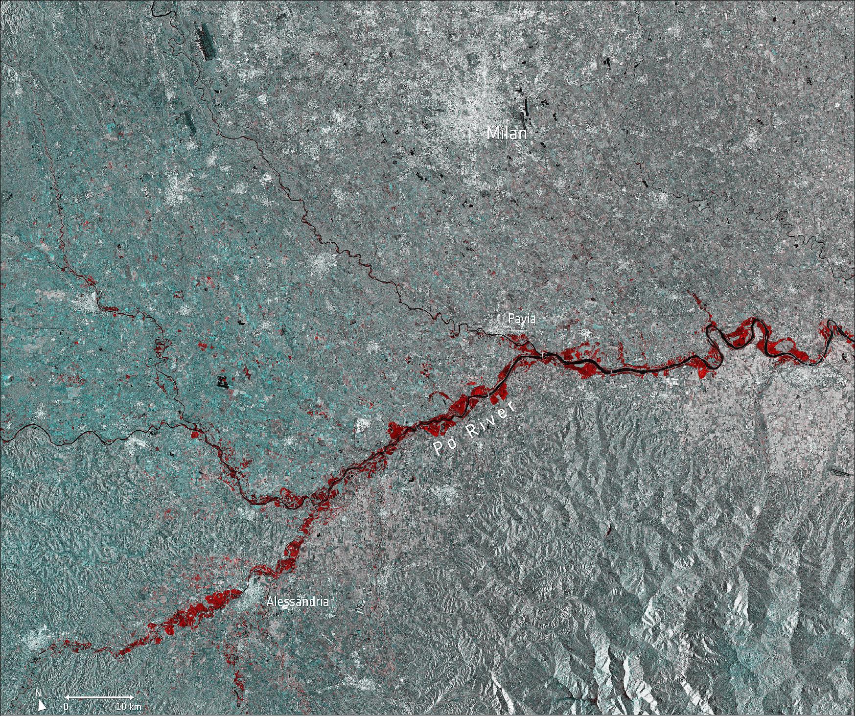 Figure 2: This multi-temporal image uses two separate images captured by the Copernicus Sentinel-1 mission on 13 November and 25 November. The flooded areas can be seen depicted in red, the Po River in black, and urban areas in white (image credit: ESA, the image contains modified Copernicus Sentinel data (2019), processed by ESA, CC BY-SA 3.0 IGO)