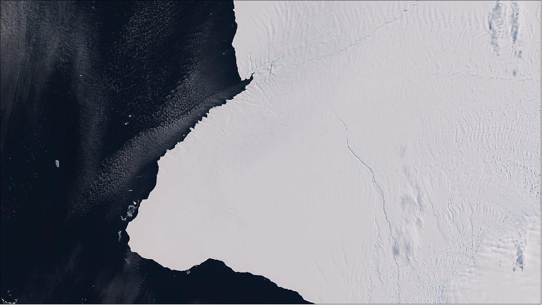 Figure 31: Cracks cutting across Antarctica’s Brunt ice shelf are on course to truncate the shelf and release an iceberg about the size of Greater London. The Brunt ice shelf is an area of floating ice bordering the Coats Land coast in the Weddell Sea sector of Antarctica (image credit: ESA, the image contains modified Copernicus Sentinel data (2019), processed by ESA, CC BY-SA 3.0 IGO)