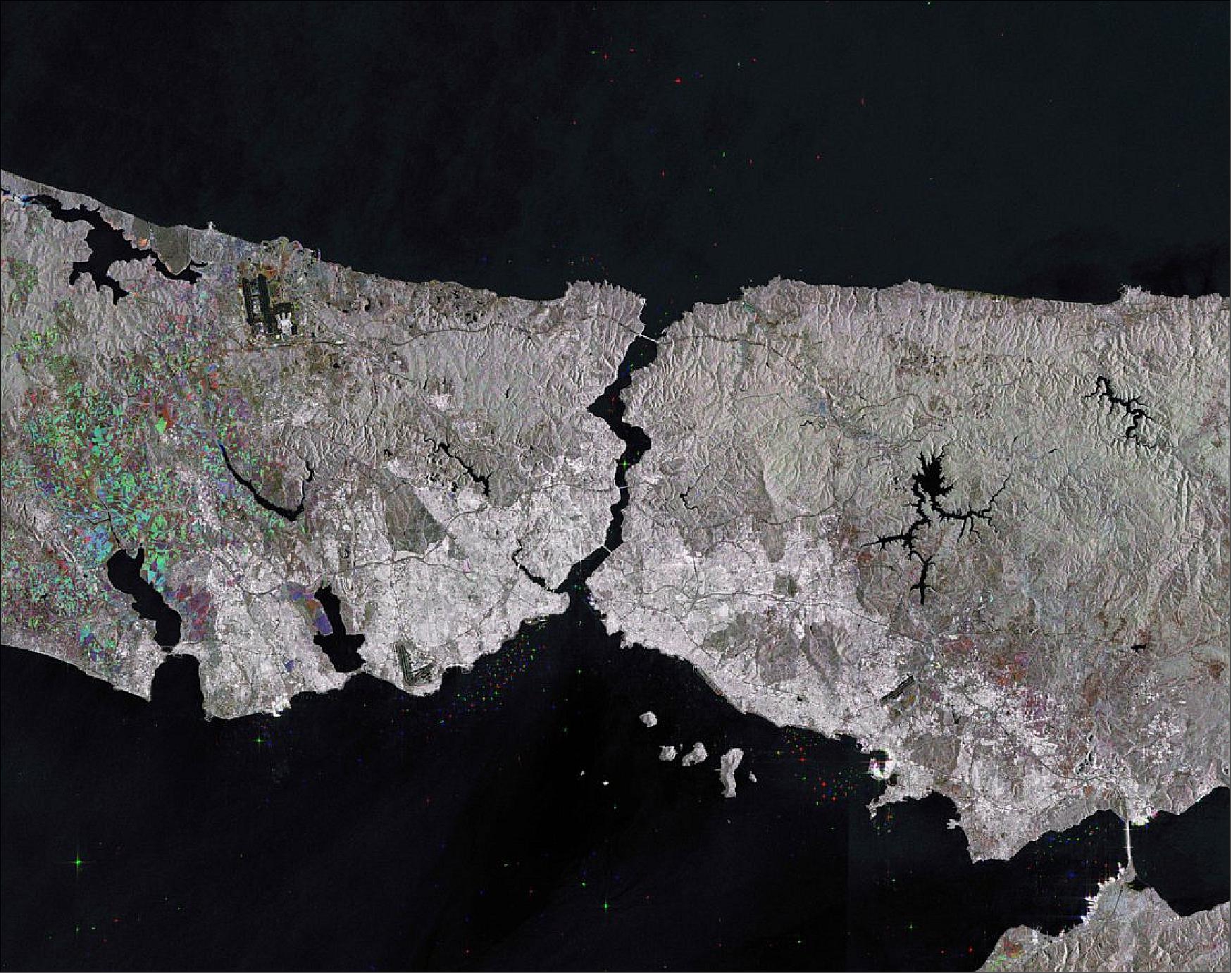 Figure 22: Captured by the Copernicus Sentinel-1 mission, this image shows the narrow strait that connects eastern Europe to western Asia: the Bosphorus in northwest Turkey. The image contains satellite data stitched together from three radar scans acquired on 2 June, 8 July and 13 August 2018. This image is also featured on the Earth from Space video program (image credit: ESA, the image contains modified Copernicus Sentinel data (2018), processed by ESA, CC BY-SA 3.0 IGO)
