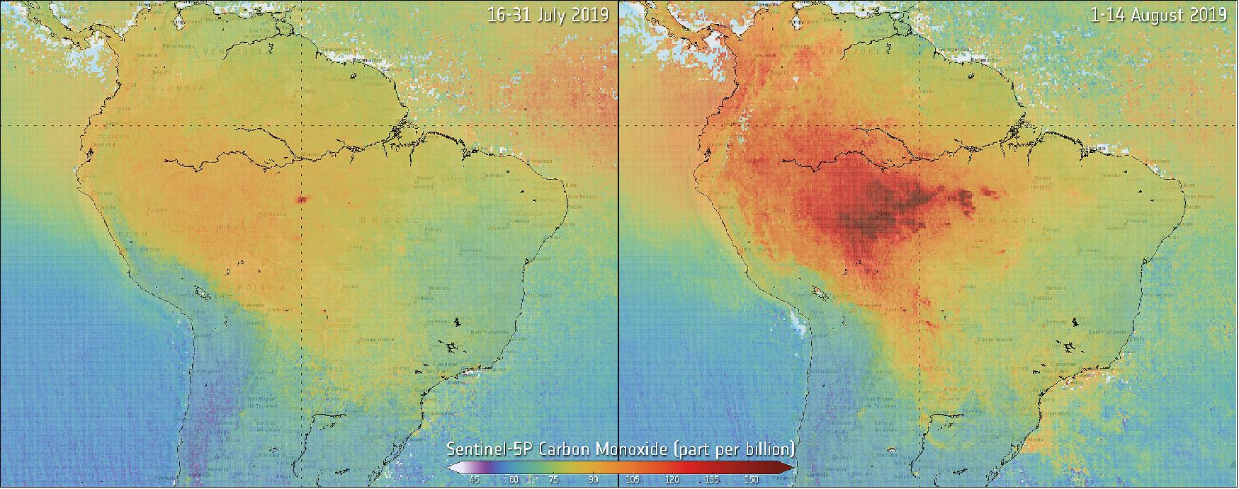 Figure 6: Using data from Copernicus Sentinel-5P, the image shows the difference in carbon monoxide in the air between July 2019 and August 2019 over the Amazon. This pollutant is often associated with traffic, but here we see the increase in atmospheric concentrations following the fires. Naturally, once in the air, it can cause problems for humans by reducing the amount of oxygen that can be transported in the bloodstream (image credit: ESA, the image contains modified Copernicus data (2019), processed by SRON)