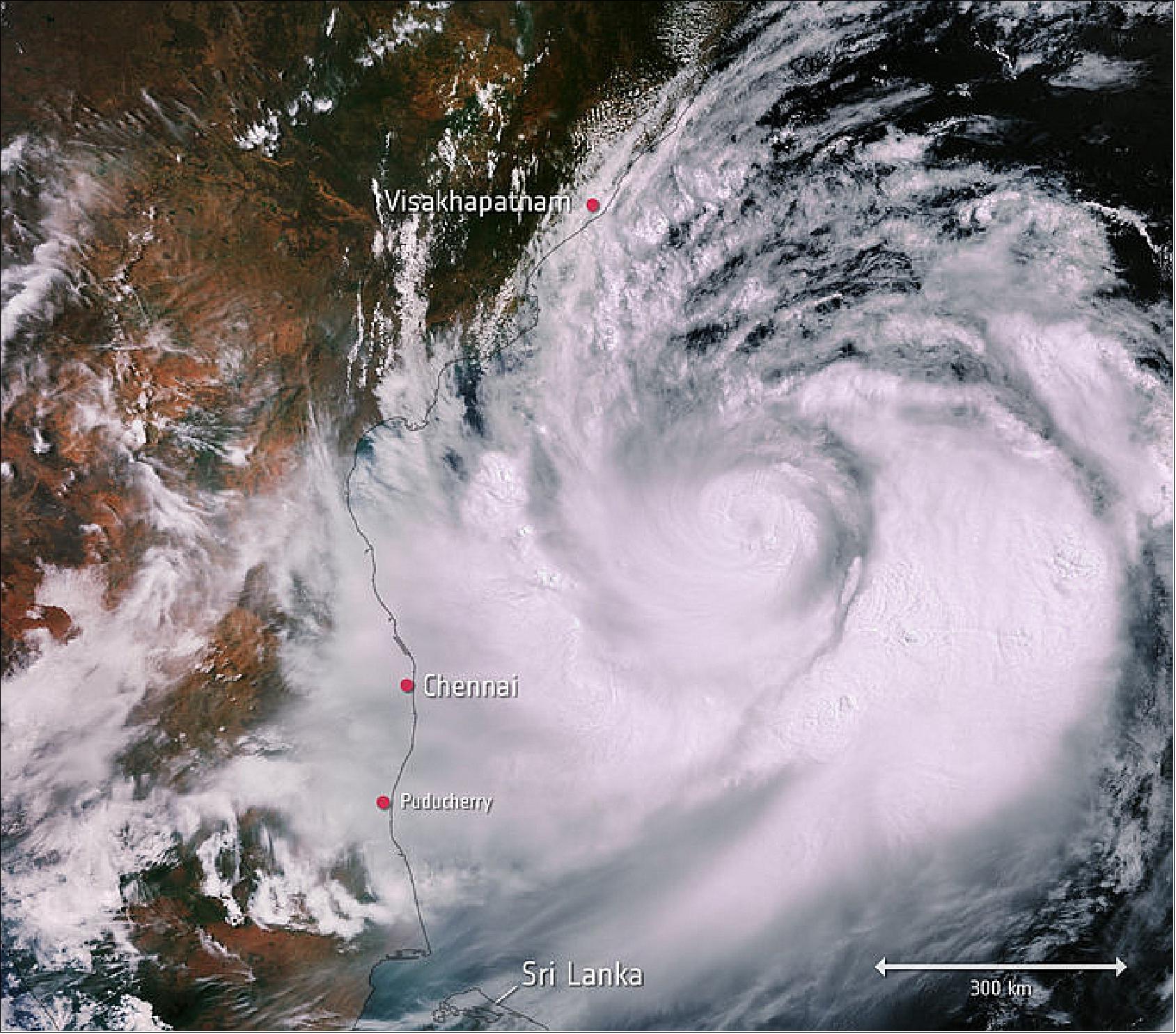 Figure 18: With wind speeds of up to 200 km per hour, heavy rainfall and flooding have been forecast along the Odisha coast, and has led to the evacuation of around 800 000 people from the nearby low-lying areas. In the image, the width of the storm is estimated to be around 700-800 km. Once Cyclone Fani makes landfall, it is expected to move north-east, hitting Bangladesh and Bhutan on Saturday 4 May (image credit: ESA, the image contains modified Copernicus Sentinel data (2019), processed by ESA, CC BY-SA 3.0 IGO)