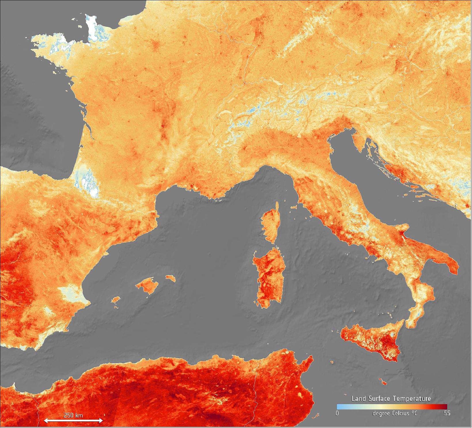 Figure 13: This map shows the temperature of the land on 26 June. It has been generated using information from the Copernicus Sentinel-3’s SLSTR (Sea and Land Surface Temperature Radiometer), which measures energy radiating from Earth’s surface in nine spectral bands – the map therefore represents temperature of the land surface, not air temperature which is normally used in forecasts. The white areas in the image are where cloud obscured readings of land temperature and the light blue patches are snow-covered areas (image credit: ESA, the image contains modified Copernicus Sentinel data (2019), processed by ESA, CC BY-SA 3.0 IGO)