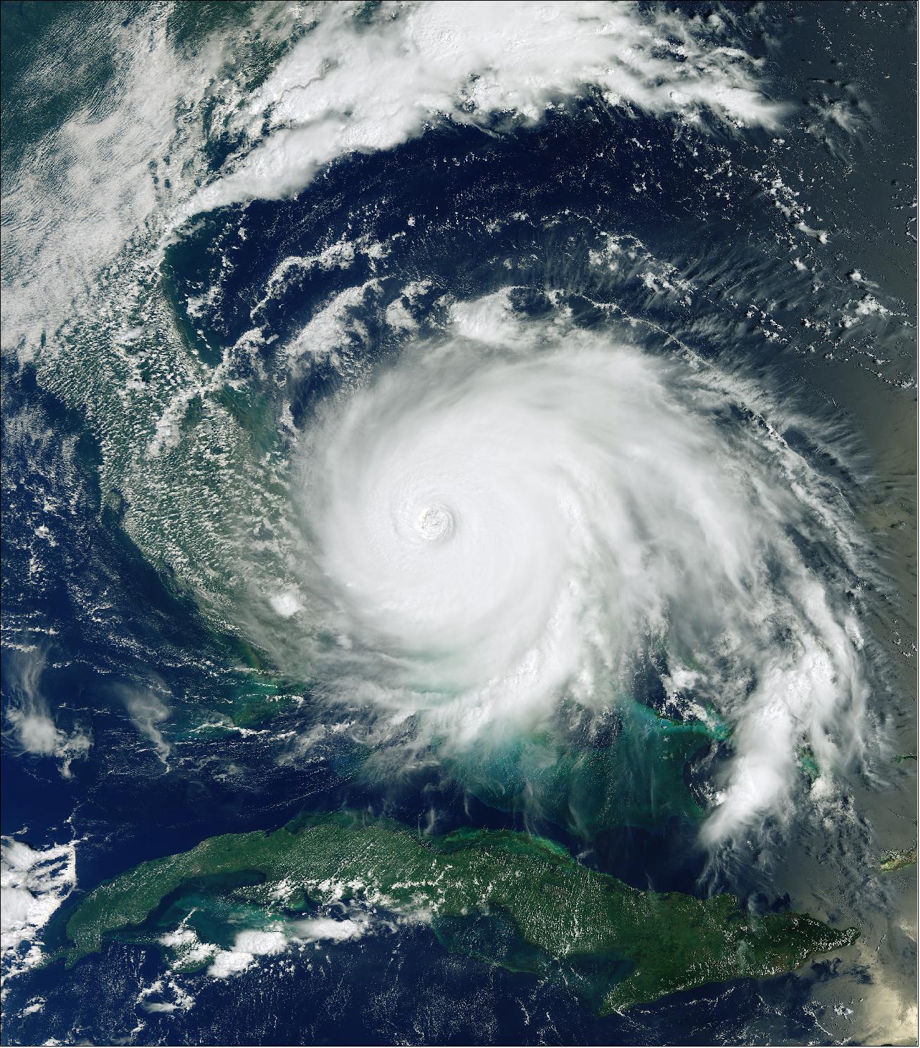 Figure 7: Copernicus Sentinel-3 image of Hurricane Dorian over the Bahamas on 2 September 2019 (image credit: ESA, the image contains modified Copernicus Sentinel data (2019), processed by ESA)