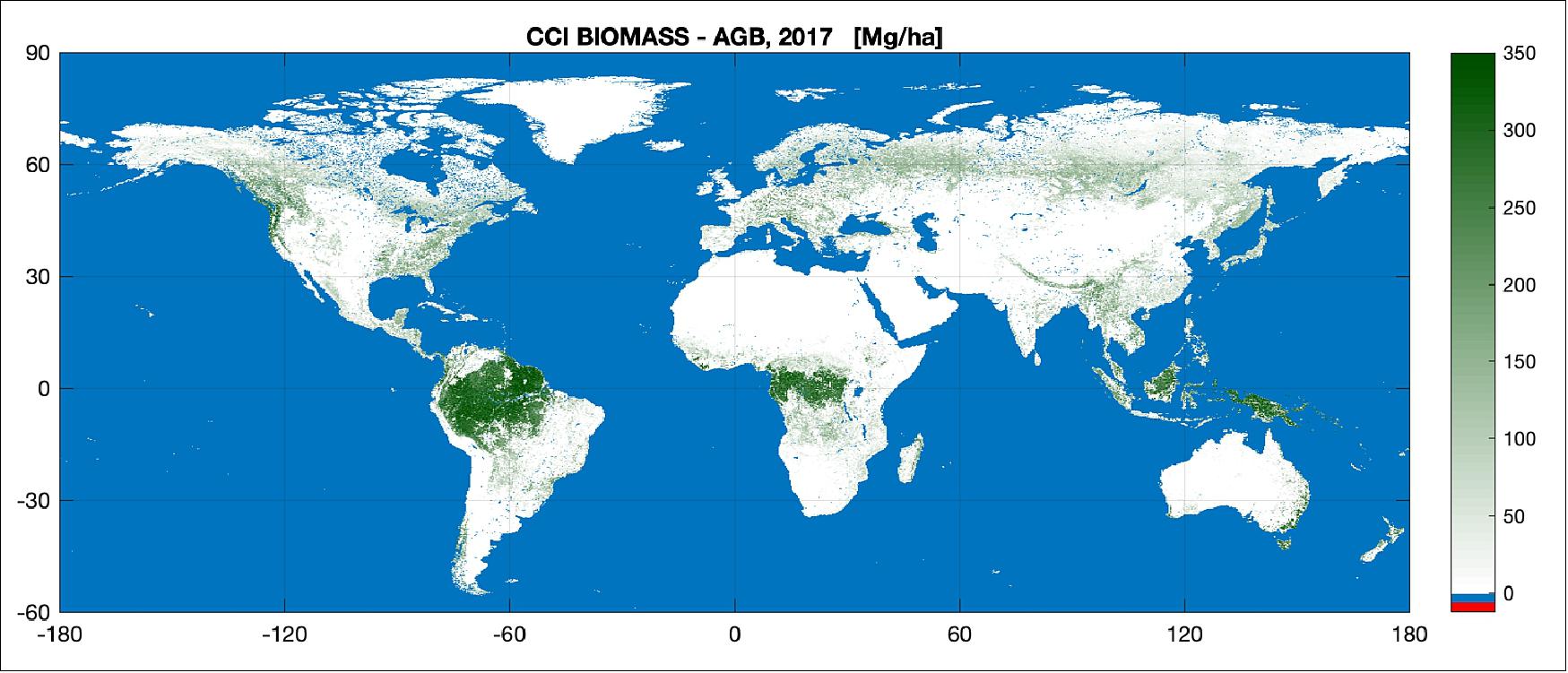Figure 6: Biomass: quantifying carbon. Satellite data was used to create a map of above-ground Biomass for 2017-18. The new map uses optical, lidar and radar data acquired in 2017 and 2018 from multiple Earth observation satellites, and is the first to integrate multiple acquisitions from the Copernicus Sentinel-1 mission and Japan’s ALOS mission (image credit: Biomass_cci project funded under ESA's Climate Change Initiative)
