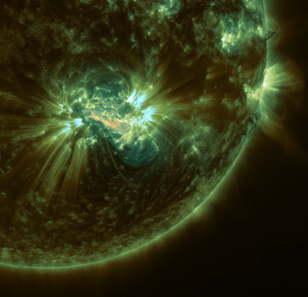 Figure 6: On Oct. 24, 2014, NASA’s SDO observed an X-class solar flare erupt from a Jupiter-sized sunspot group (image credit: Tahar Amari et al./Center for Theoretical Physics/École Polytechnique/NASA Goddard/Joy Ng)