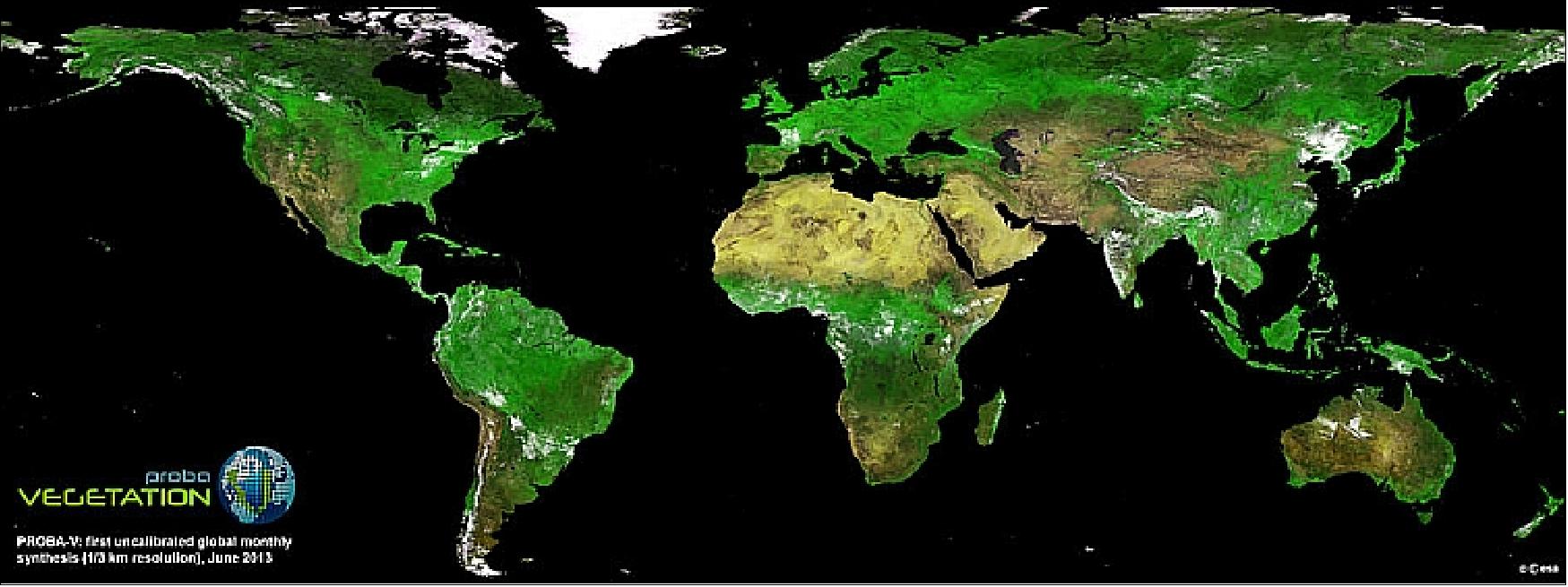 Figure 65: First uncalibrated global mosaic of vegetation from PROBA-V, June 2013 (image credit: ESA)