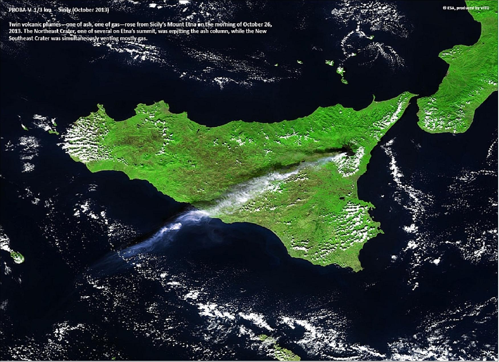 Figure 64: PROBA-V image acquired on Oct. 26, 2013, showing Sicily, Italy with the twin volcanic plumes – one ash, one gas – from Mt. Etna (image credit: ESA, BELSPO)