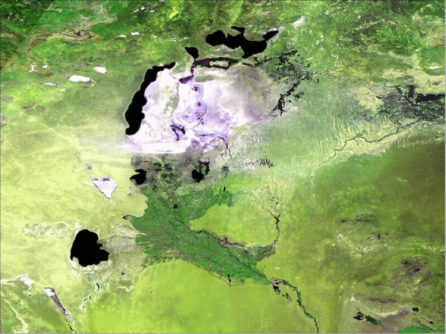 Figure 59: Central Asia's receding Aral Sea, acquired by ESA's PROBA-V minisatellite on May 13, 2013 at a resolution of 300 m (image credit: ESA, VITO) 81)