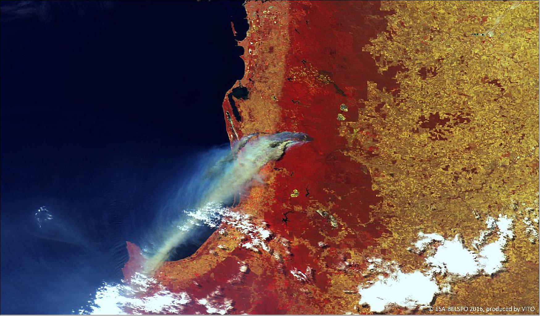 Figure 47: This 300 m resolution false-color image from ESA's PROBA-V satellite was acquired on Jan. 7, 2016, showing blue-gray smoke over Geographe Bay south of Perth in Western Australia (image credit: ESA/BELSPO, produced by VITO)