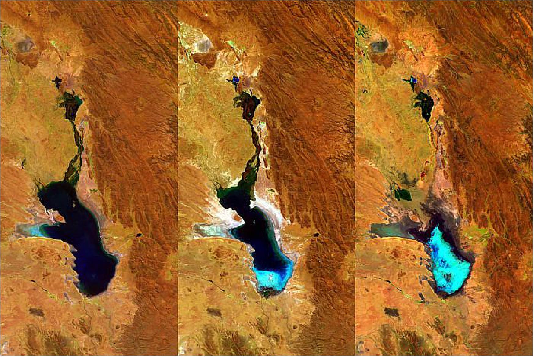 Figure 46: PROBA-V tracks Lake Poopó evaporation in Bolivia. The three 100-m resolution PROBA-V images shown here were acquired on 27 April 2014, 20 July 2015 and 22 January 2016 respectively (image credit: ESA, BELSPO, VITO) 65)