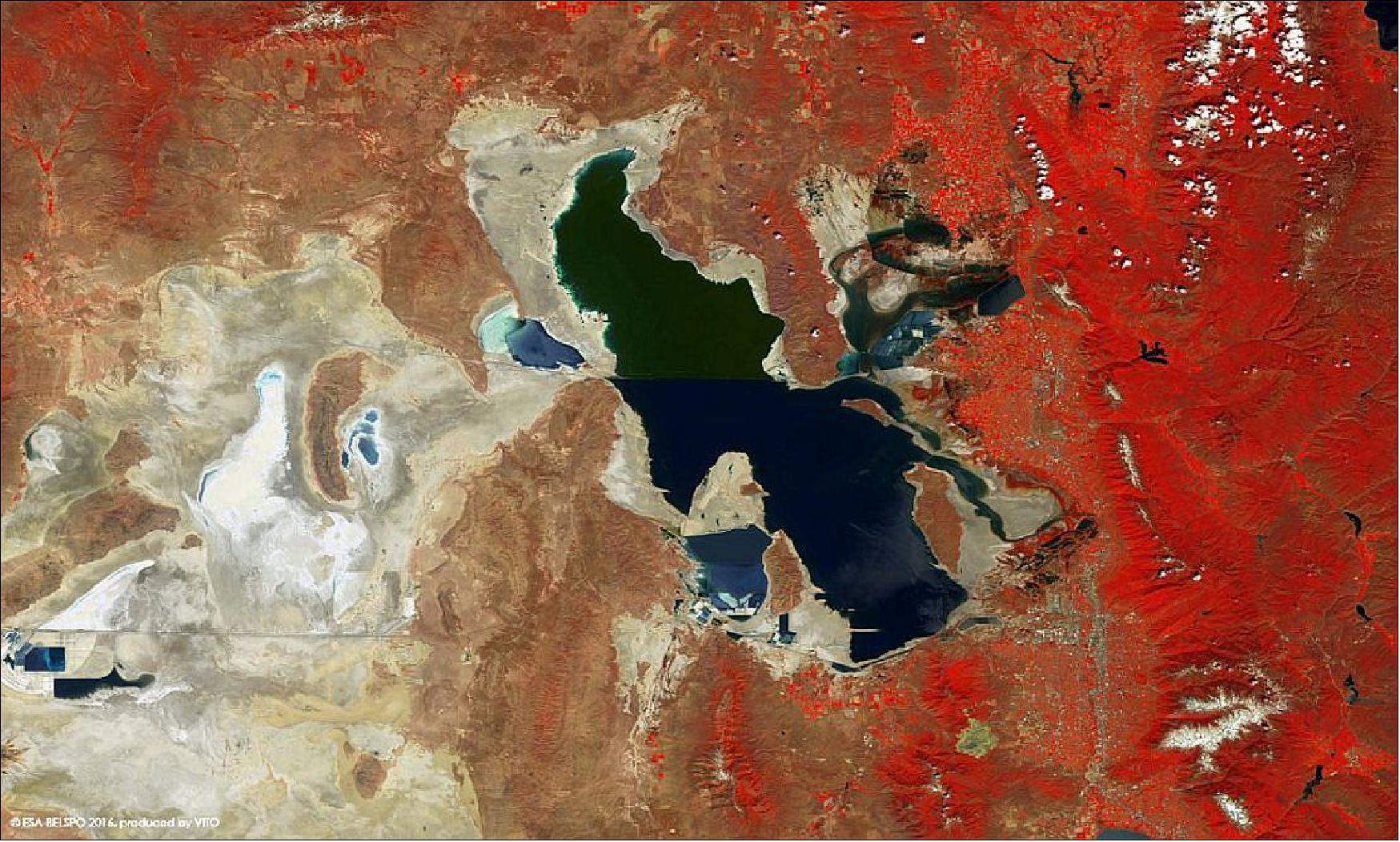 Figure 46: Great Salt Lake, the largest salt lake in the western hemisphere, captured by ESA's PROBA-V satellite in June 2016 (image credit: ESA/BELSPO, provided by VITO)