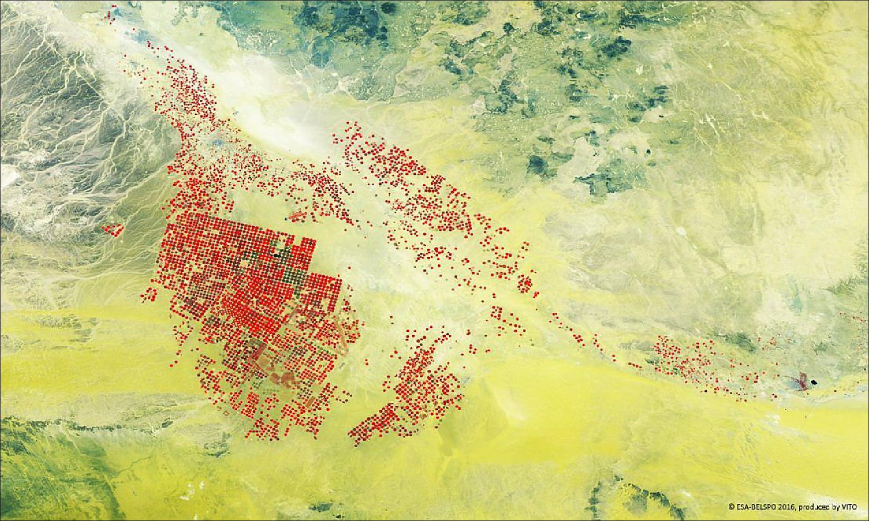 Figure 45: False-color crops bloom in the Saudi Arabian desert, imaged by ESA's PROBA-V minisatellite (image credit: ESA/BELSPO, provided by VITO)