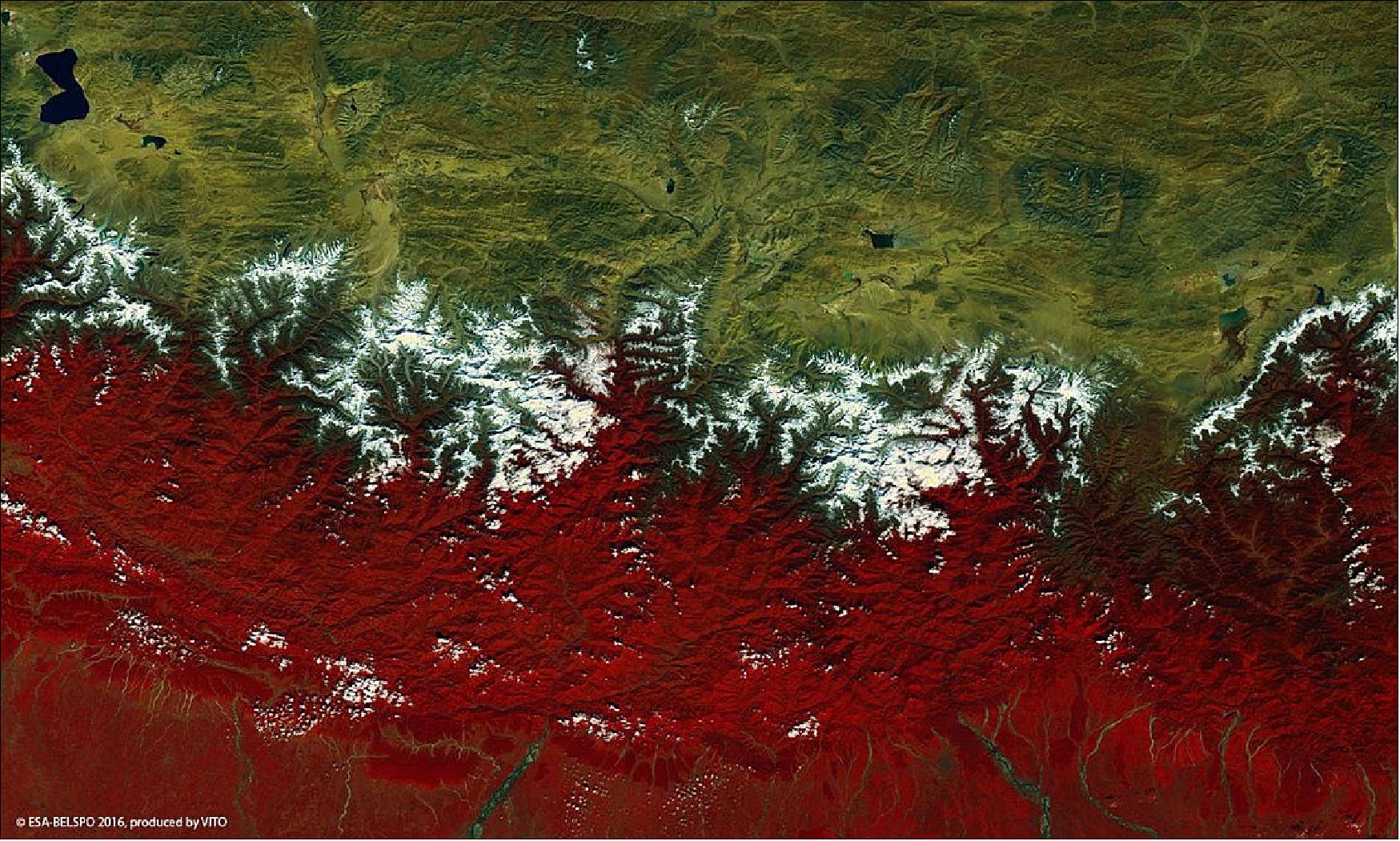 Figure 44: PROBA-V – ESA's smallest Earth-observing mission – overflies Mount Everest, the highest mountain in the world, its peak seen left of center in this false-color image. This 100 m-resolution image was acquired by PROBA-V on 27 October 2016 (image credit: ESA/BELSPO – produced by VITO)