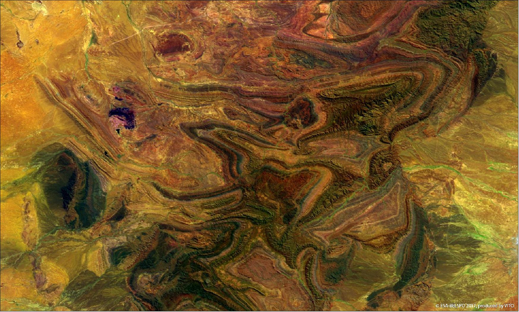 Figure 43: PROBA-V false-color image of Flinders Range, Australia, showing the northern part of the rugged, weathered peaks and rocky gorges of the Flinders Ranges, the largest mountain range in the South Australian Outback (image credit: ESA-BELSPO 2017, produced by VITO)