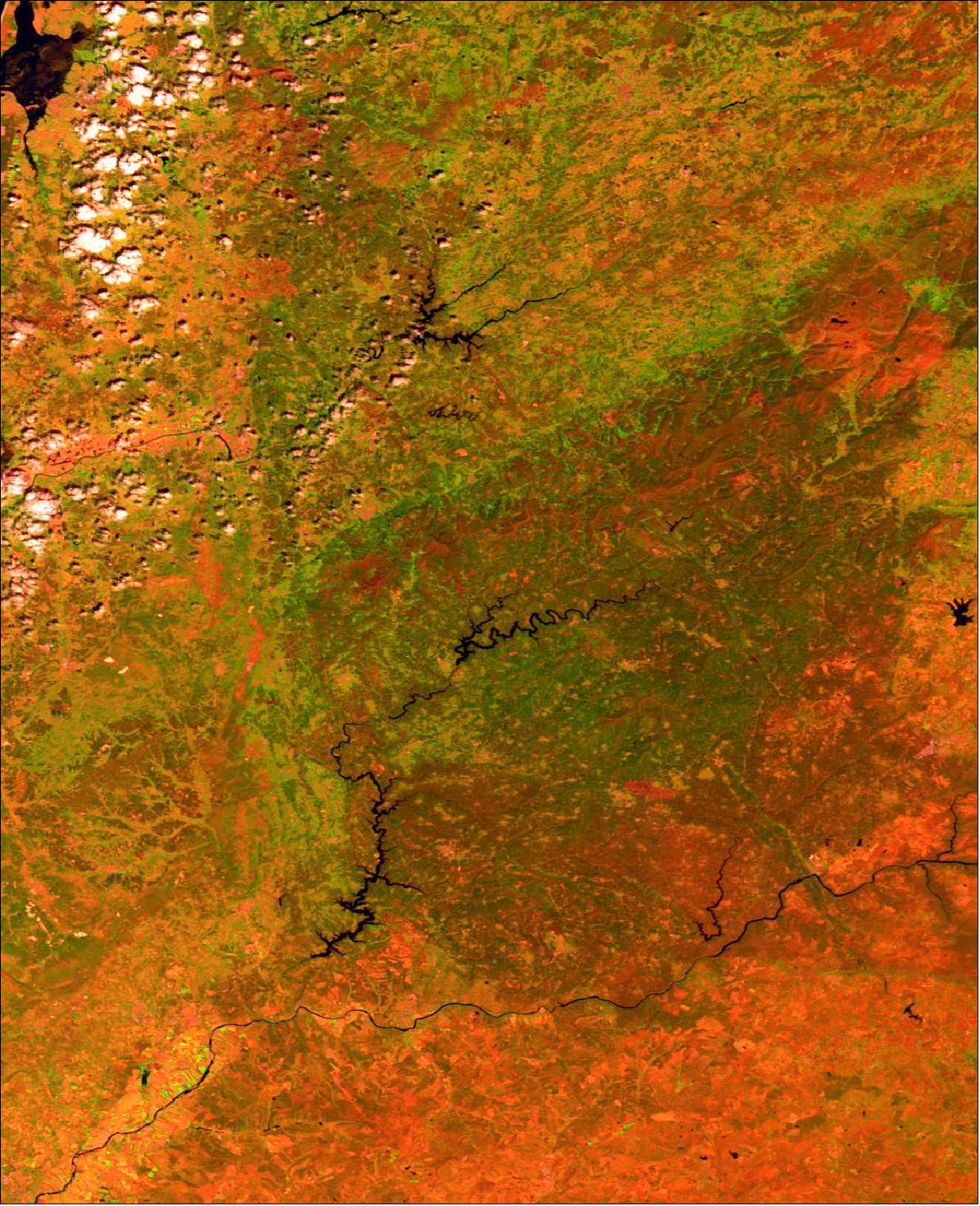 Figure 39: Before the blaze: Portugal's Pedrógão Grande region. This 100 m-resolution image was acquired on 19 May 2017 by PROBA-V, showing the region before the forest fire that started on 17 June (image credit: ESA/BELSPO produced by VITO)
