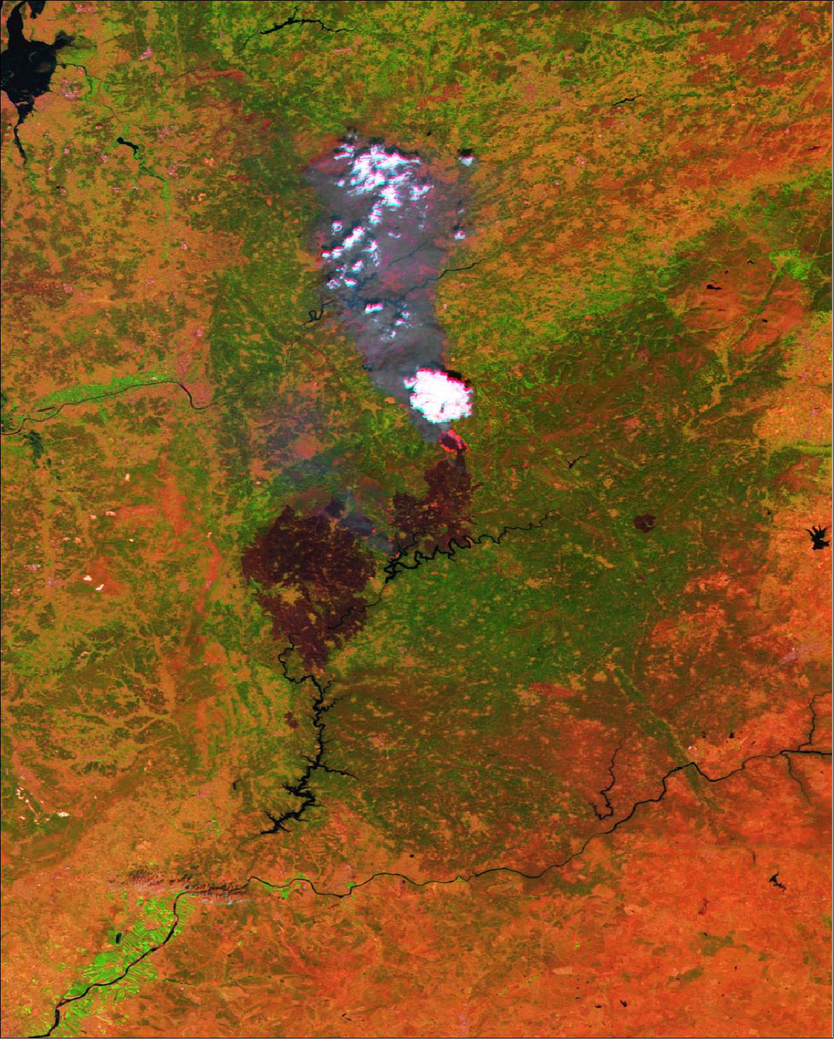 Figure 38: A forest fire in Portugal's Pedrógão Grande region, showing burnt scars, smoke plumes and hotspots (seen in red). This 100 m-resolution image was acquired on Tuesday 20 June 2017 by ESA's PROBA-V satellite (image credit: ESA/BELSPO produced by VITO)